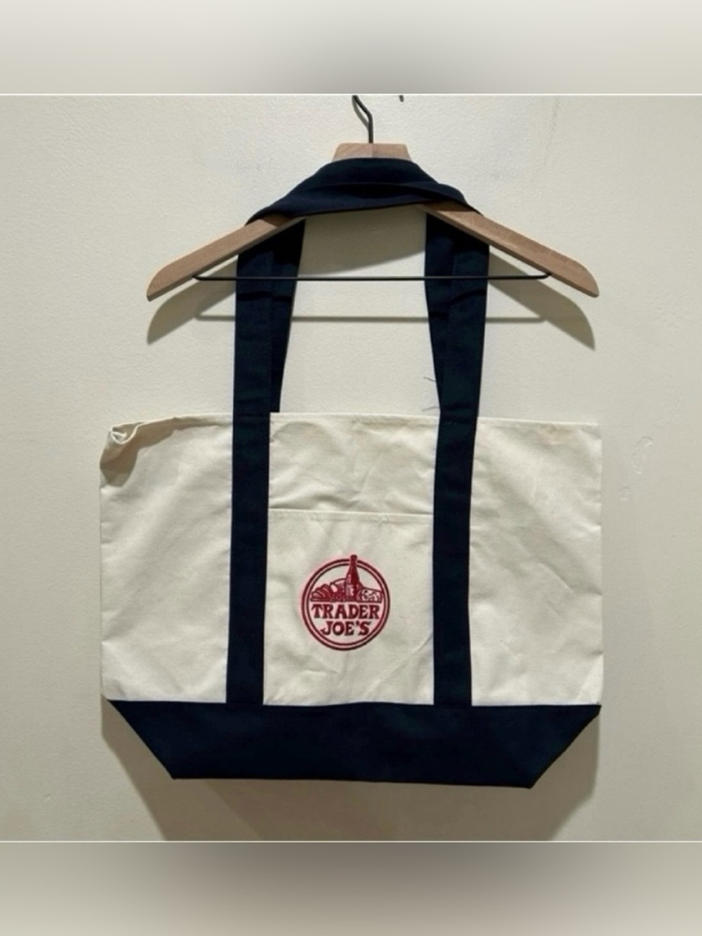 NWT Trader Joe's Reusable Canvas Tote Bag - White and Dark Blue with Red Logo - Picture 2 of 5